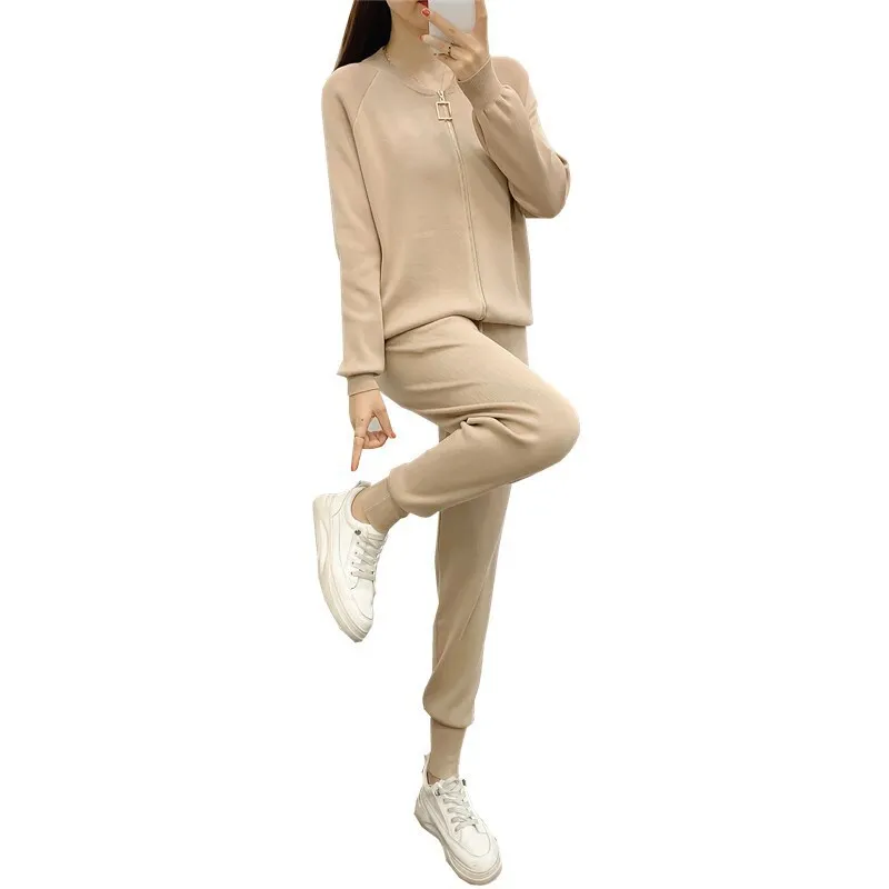 JY весенне-осенний женский вязаный кардиган на молнии свитер + брюки комплект