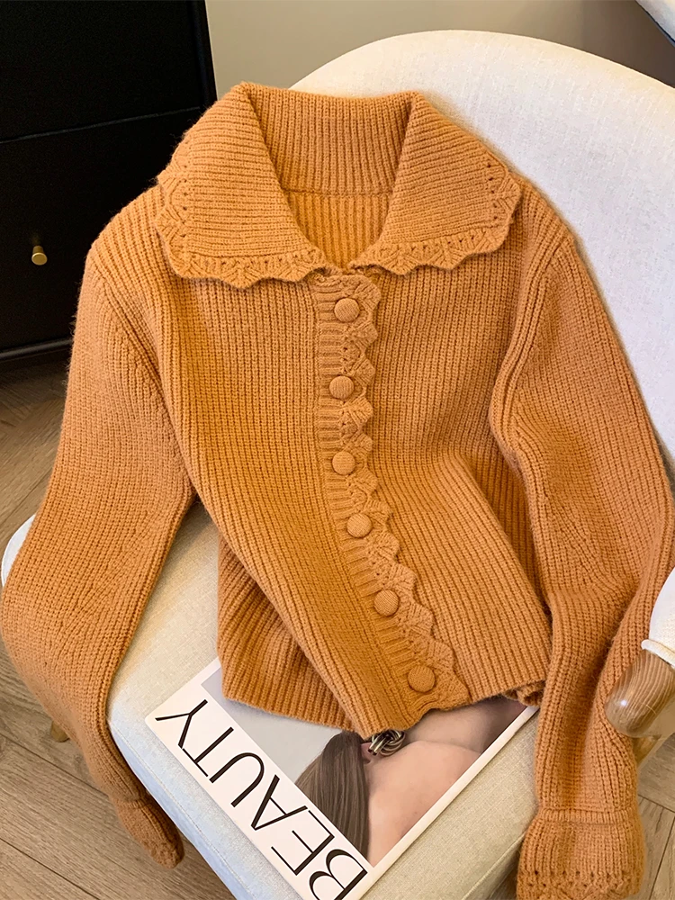 Женский оранжевый кардиган свитер с v-образным вырезом Harajuku Y2k вязаный