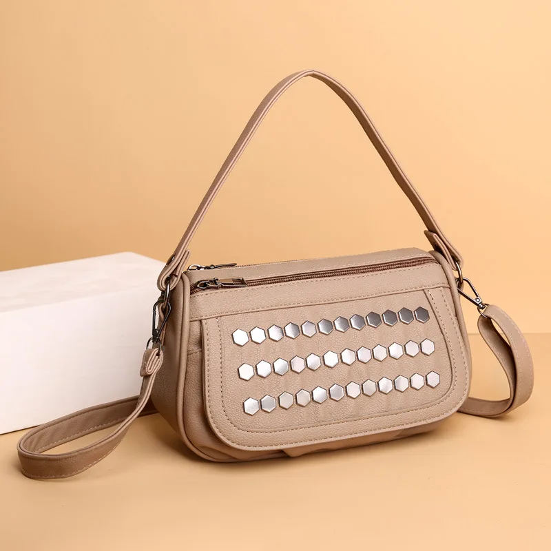 

Rivet Small Square Bag Lychee Soft Leather Crossbody Bag Popular Pleated Tote Bag Handbags