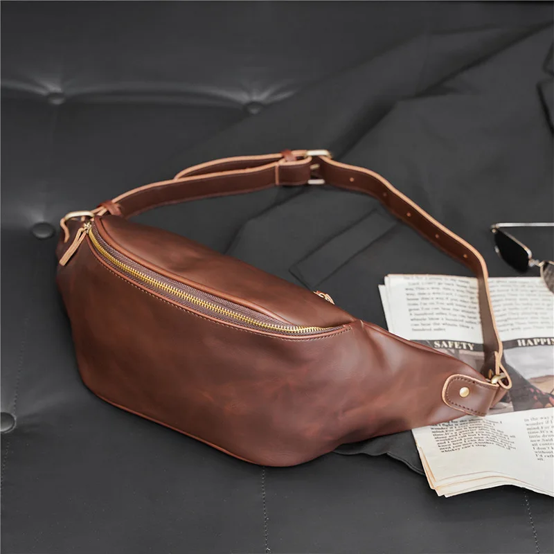 

Men's waist bag PU fashion shoulder chest bag vintage crazy horse outdoor casual multi-purpose small bag