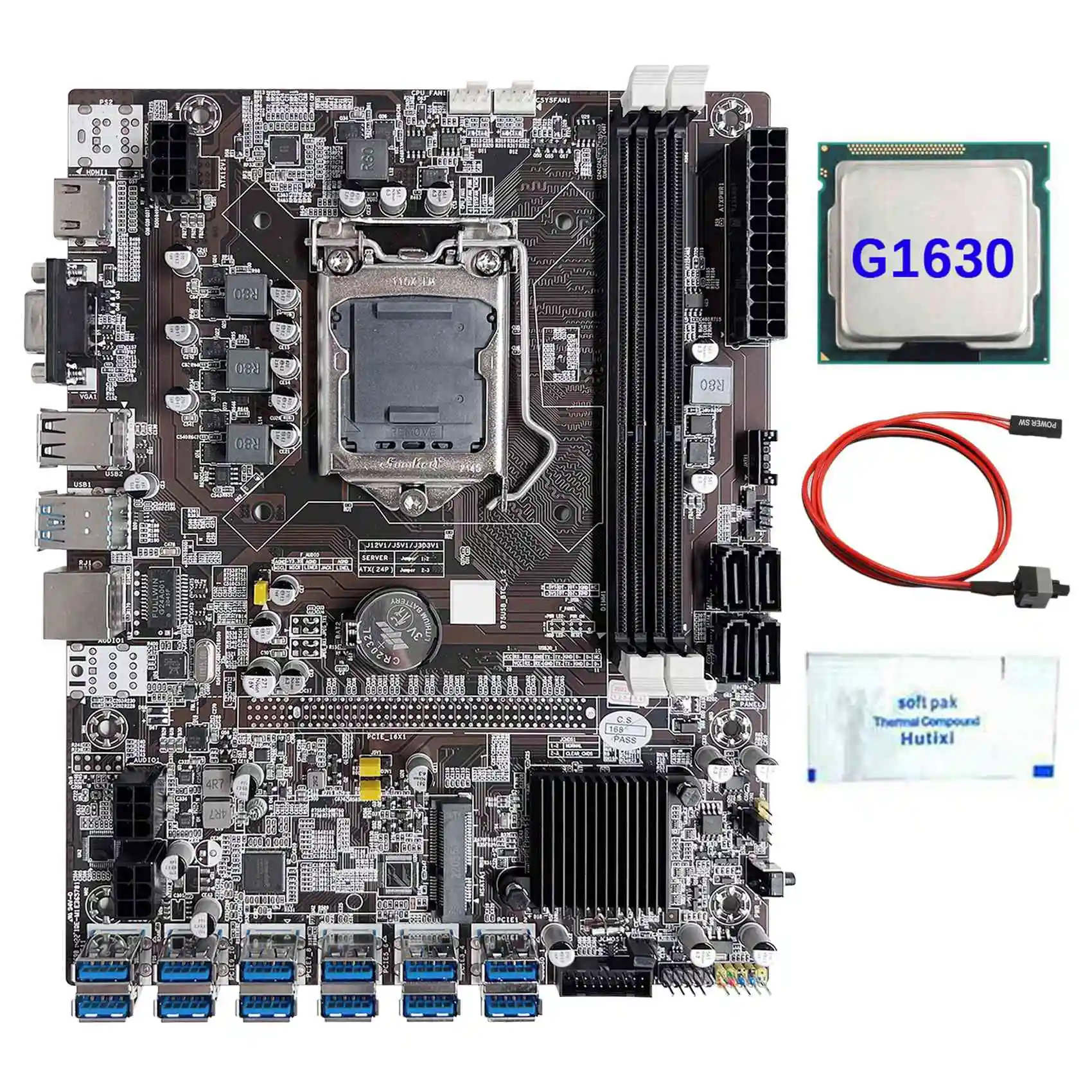 B75 12 Card GPU BTC Mining Motherboard+G1630 CPU+Thermal Grease+Switch Cable 12XUSB3.0(PCIE) Slot LGA1155 DDR3 RAM MSATA