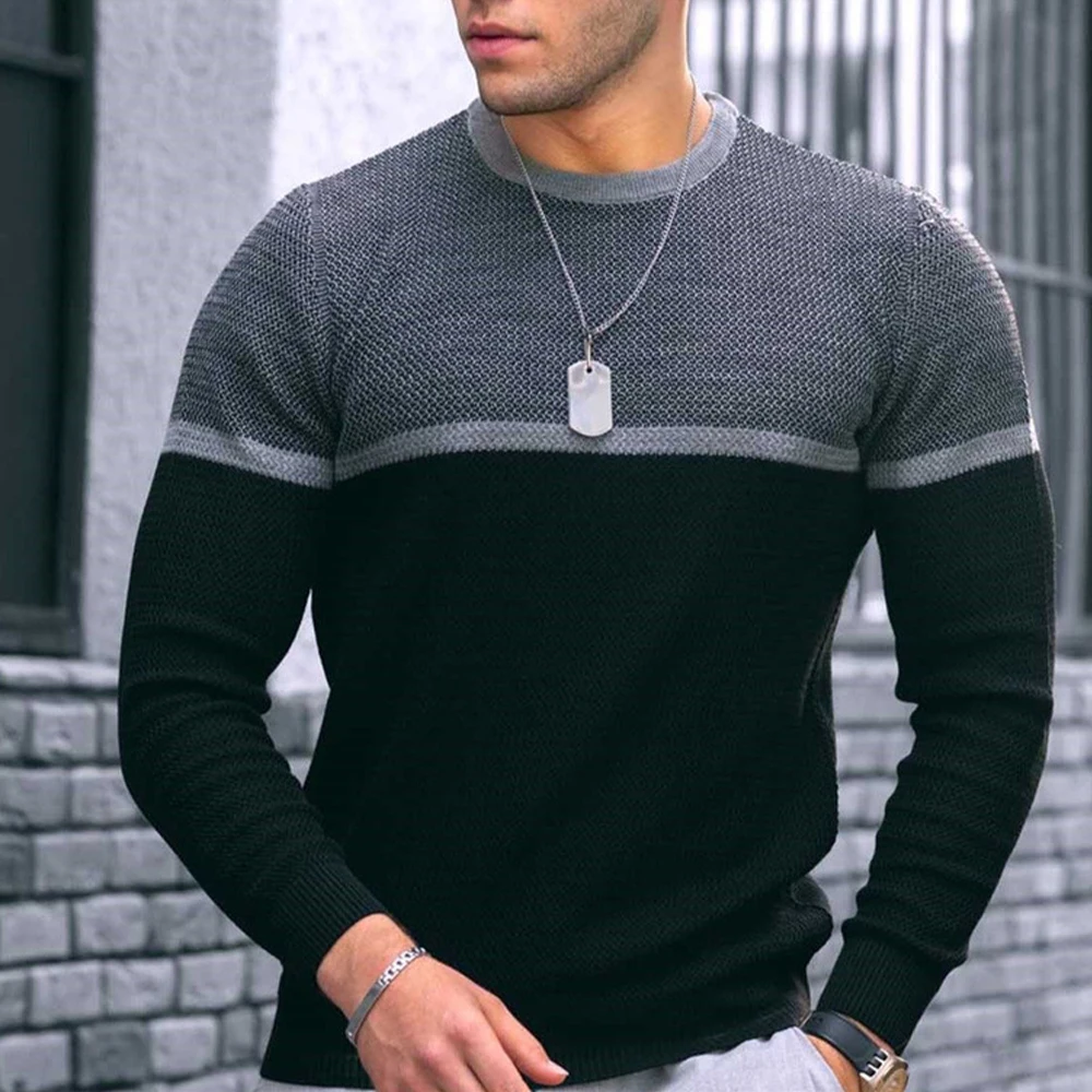 

Men Casual Slim Round Neck Knit Sweater Jumper Long Sleeve Autumn Winter Warm Pullover Color-blocking Bottoming Shirt A50