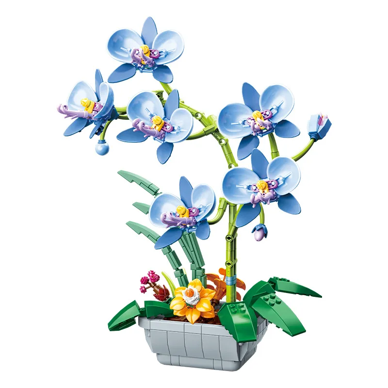 

City Creativity Simulation Flower Blue Phalaenopsis Orchid Potted Ornaments Bonsai Building Blocks Bricks Toys Christmas Gifts