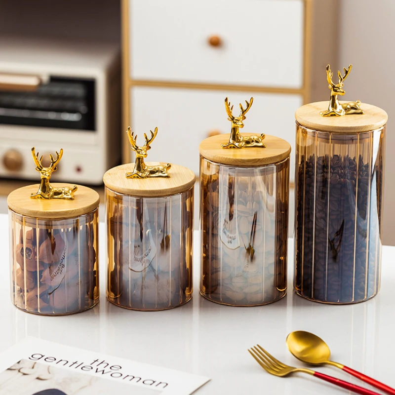 

Sealed Glass Jar with Gold Deer Lid Nuts Coffee Beans Grain Storage Jar Glass Tea Jar Kitchen Food Storage Container Bottle Jar