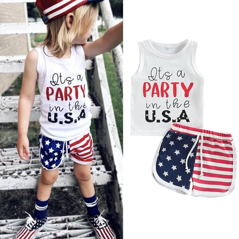 

Летний летний комплект одежды для маленьких мальчиков Independence Days, 2 шт., жилет без рукавов с надписью, шорты в полоску со звездами