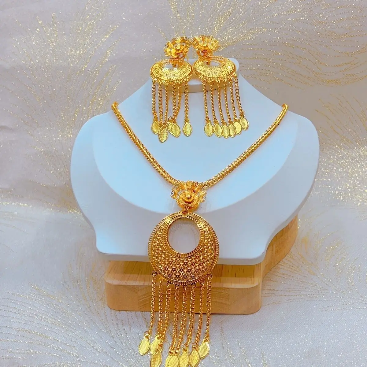 Новый комплект женских свадебных украшений из ожерелья и серег с золотым