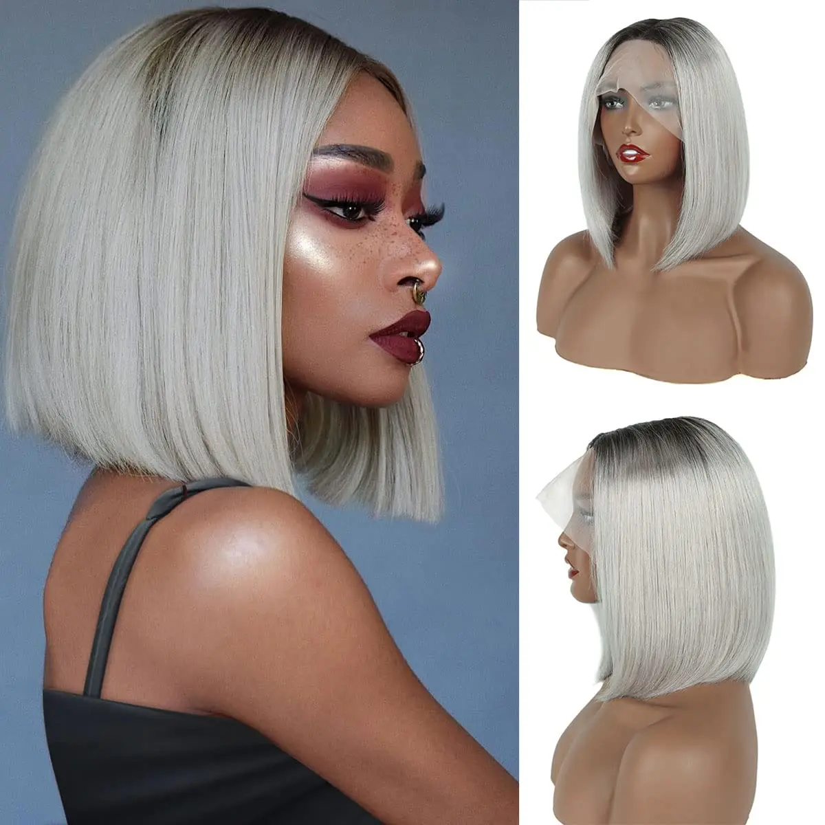 

180 Density Ombre Grey Bob 13x1 Lace Front Wig Brazilian Remy Straight Pre Plucked T Part Short Blunt Cut Bob Wig With Baby Hair