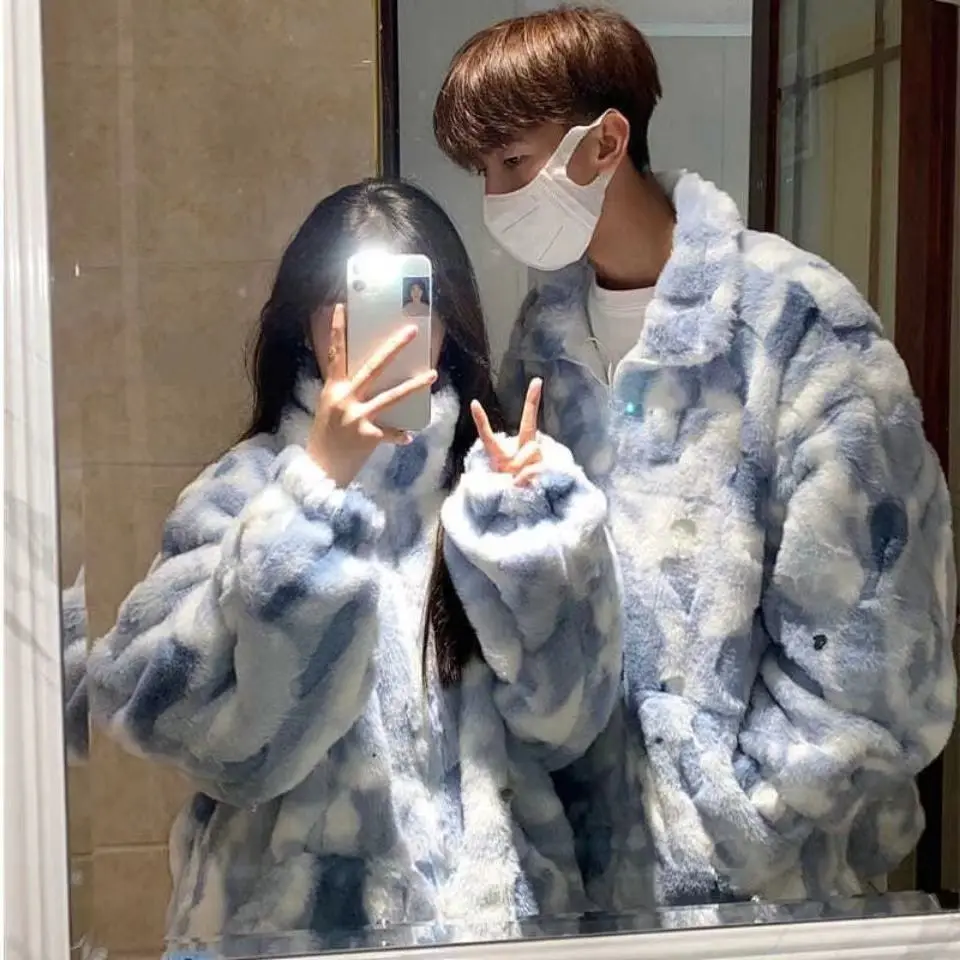 Tie Dye Woman Zipper Jacket Rabbit Fur Coat Fur Winter Clothes Women Long Sleeve Oversize Tops Streetwear Warm Jacket