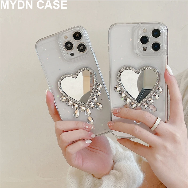 Прозрачные зеркальные чехлы со стразами и сердечками для телефонов Iphone 13 12 11 Pro Max Xr Xs Max X 7 8 Plus, эпоксидный чехол из ТПУ Прозрачные зеркальные чехлы со стразами и сердечками для телефонов Iphone 13 12 11 Pro Max Xr Xs Max X 7 8 Plus, эпоксидный чехол из ТПУ