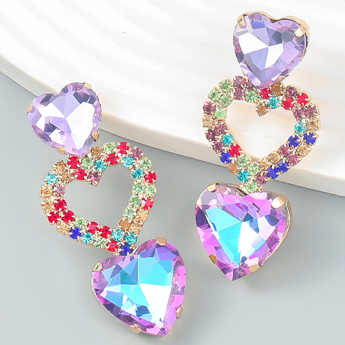 

Summer Fashion Metal Glass Rhinestone Layered Heart Dangle Earrings Casual Party Elegant Jewelry Pauli Manfi Women's Earrings