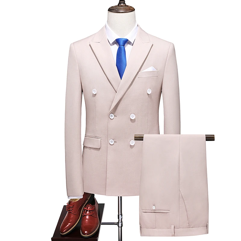 

2022 Fashion New Men's Boutique Business Double Breasted Solid Color Suit Set / Male Slim Wedding 2 Pieces Blazers Jacket Pants