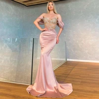beading crystal satin mermaid prom dresses off the shoulder evening gown dubai women pleats formal party gown