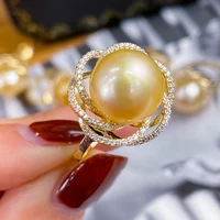 MeiBaPJ 11-12mm Big Golden Natural Pearl Fashion Flower Ring 925 Sterling Silver Fine Wedding Jewelry for Women
