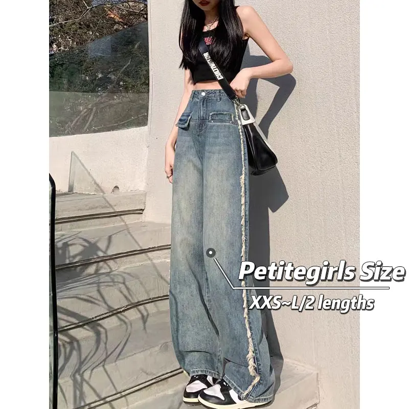 150 см маленькие Ретро американские потертые широкие джинсы с высокой талией и