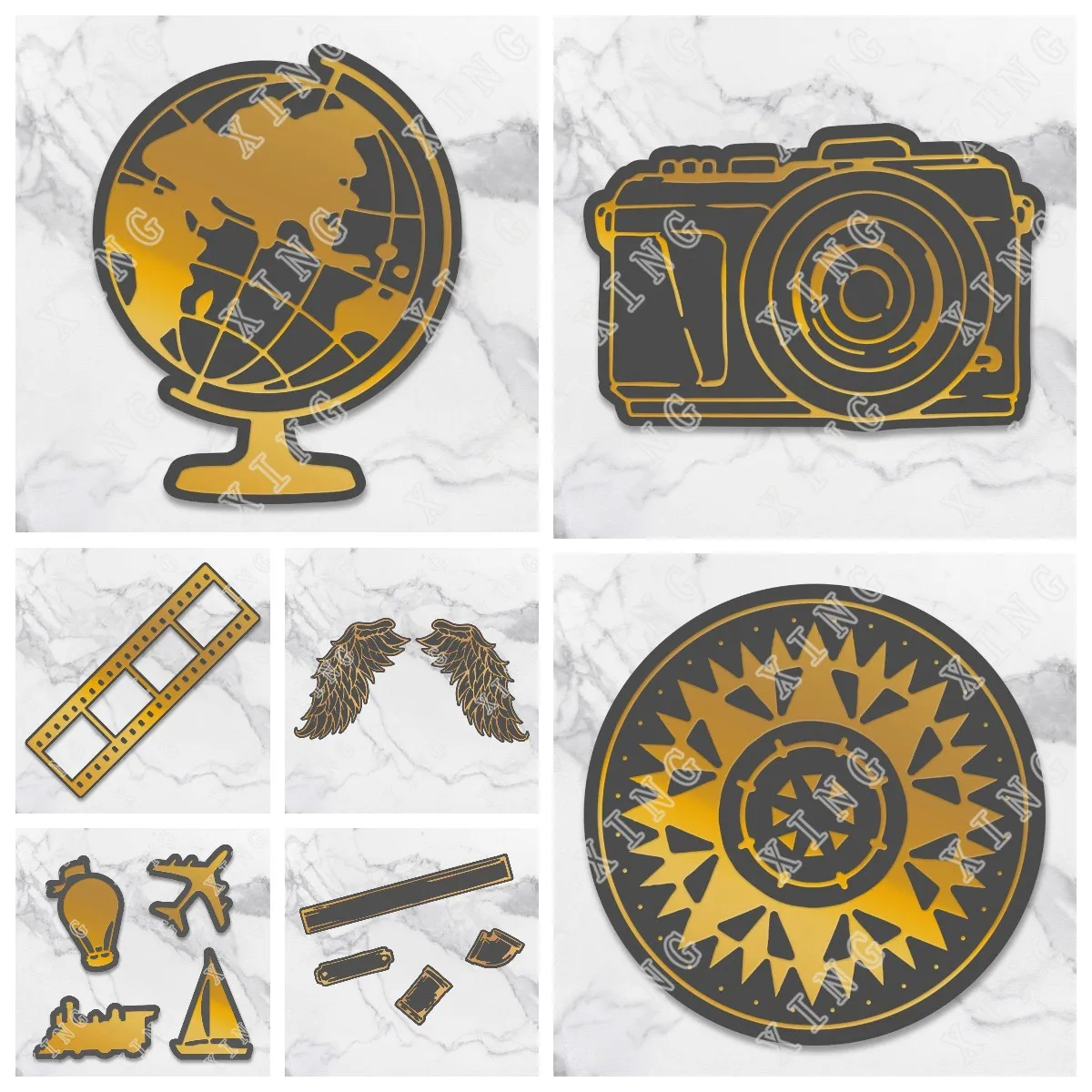 

Filmstrip Globe Snapshot Adventure Compass Wings Piping New Metal Cutting Dies Hot Foil Diy Scrapbooking Paper Card Decoration
