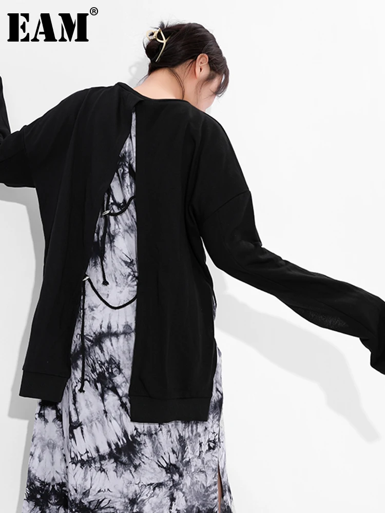 

[EAM] Свободная черная облегающая толстовка с открытой спиной, новинка, круглый вырез, длинный рукав, женская мода, большой размер, весна-осень 2023, JO28401