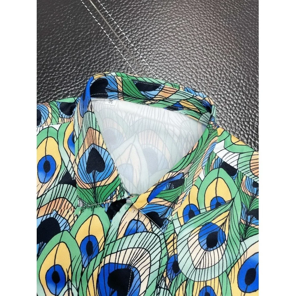 2022 Summer New Peacock Feather Pattern Printed Shirt Trend Men's Fashion Slim Shirt Retro Clothes Button up Shirt