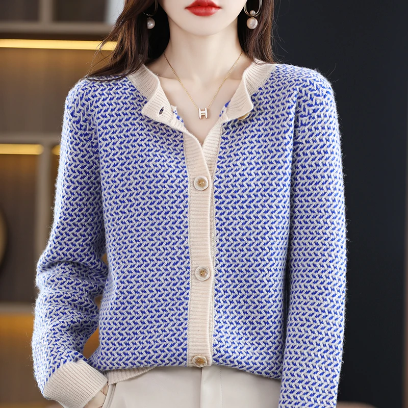 Intarsia Cardigan Women's Pure Wool Knit Sweater 22 Autumn and Winter Elegant Round Neck Cashmere Sweater Loose Jacket Top Trend
