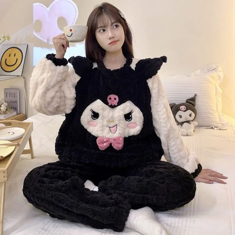 Stitch Lotso Kuromi cute creative cartoon pattern new thickened warm soft and comfortable coral velvet home wear pajamas set