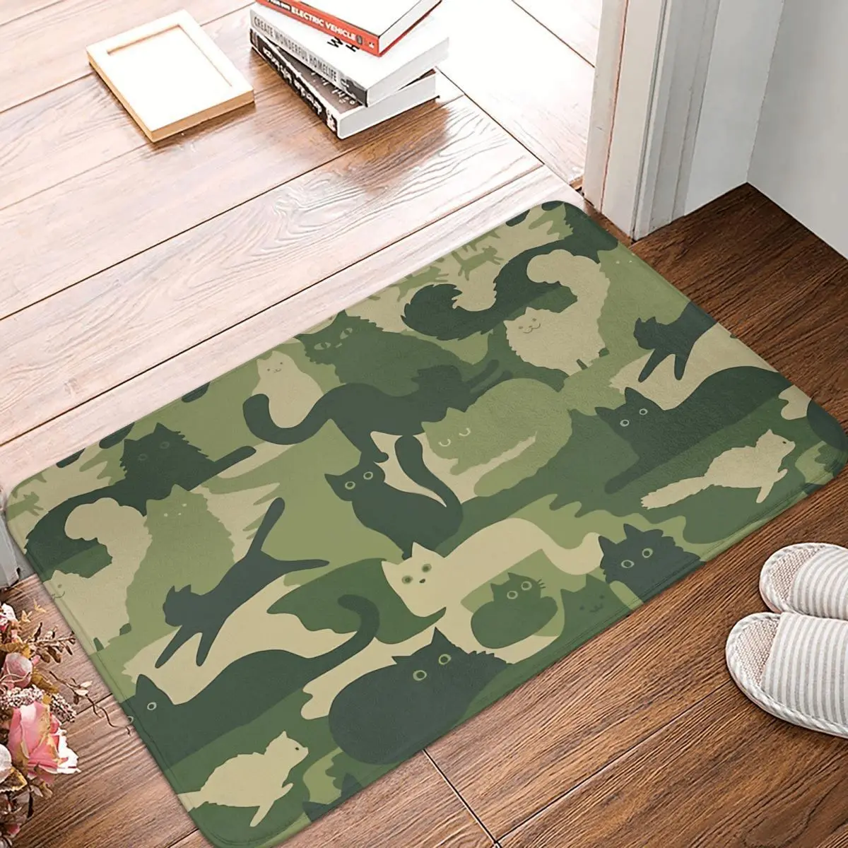

Graphic Art Kitchen Non-Slip Carpet Camouflage Pattern With Cats Green Cat Camo Flannel Mat Welcome Doormat Home Decoration Rug