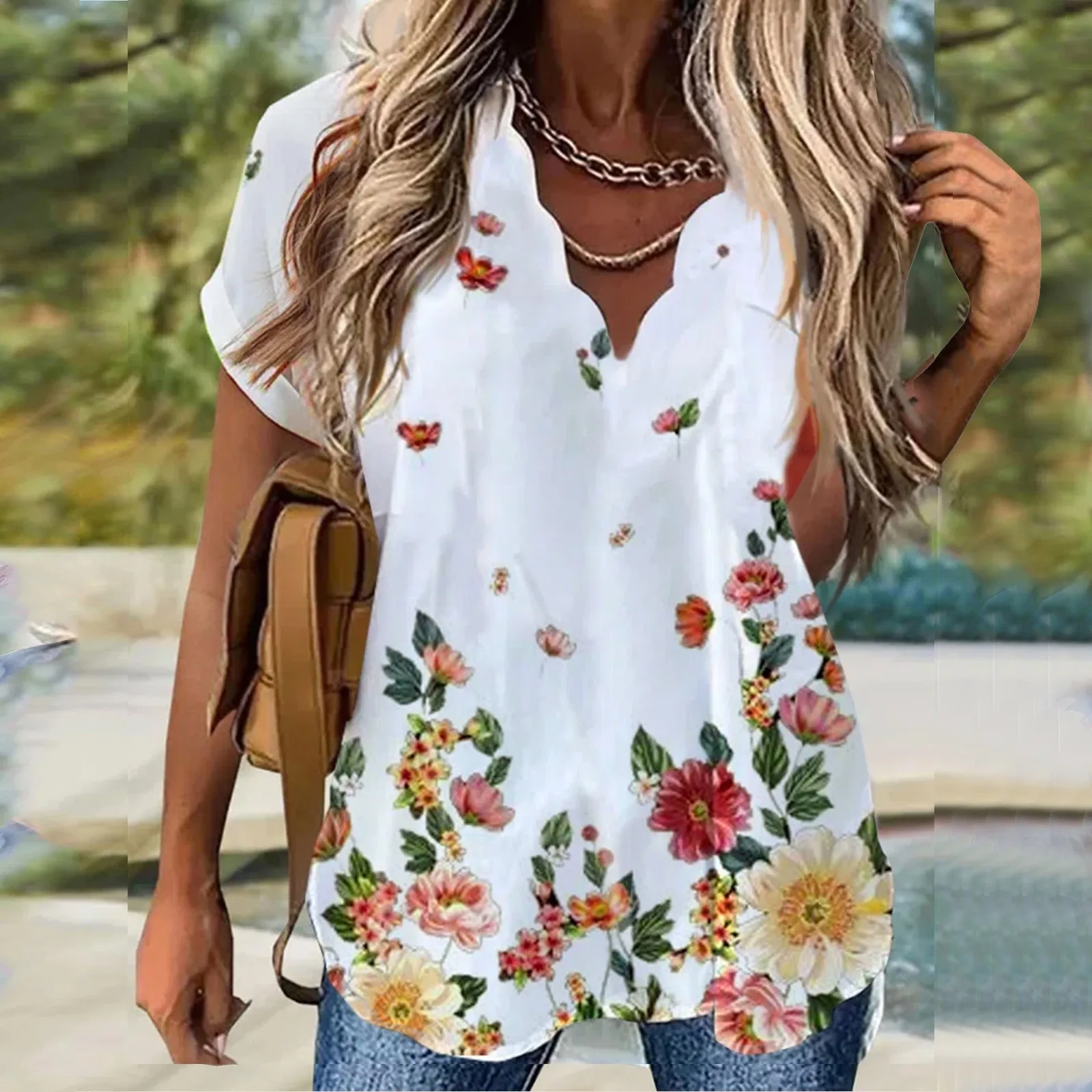 

Elegant Women Flowers Blouse Wavy Neck Lapel Pullovers Loose Vacation Floral Print Short Sleeve Blouse Oversized Blusas Feminina