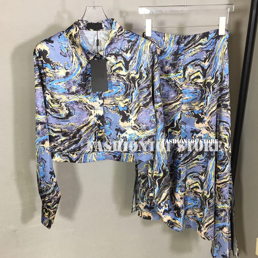 

Deisgner branded fashion dream galaxy Print two piece set outfits for women Long Sleeve Shirt with Side Zipper Irregular Skirt