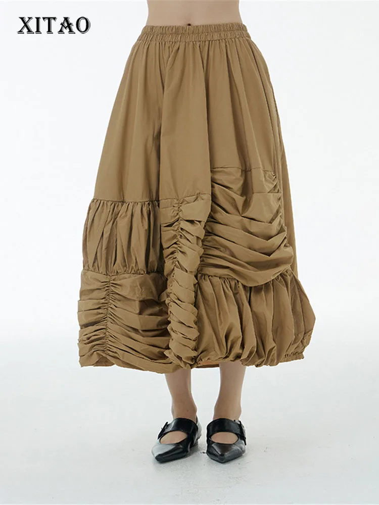 

XITAO Pleated Skirt Fashion Women Hem Solid Color Elastic Waist Goddess Fan Casual Style 2022 Summer Minority Skirt WMD6825