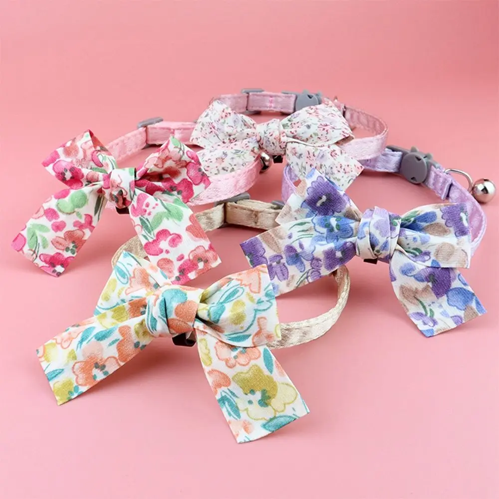 

Flower Pattern Cat Collar with Bell Summer Floral Kitten Bow Tie Adjustable Safe Breakaway Clasp Puppy Necklace Pet Accessories