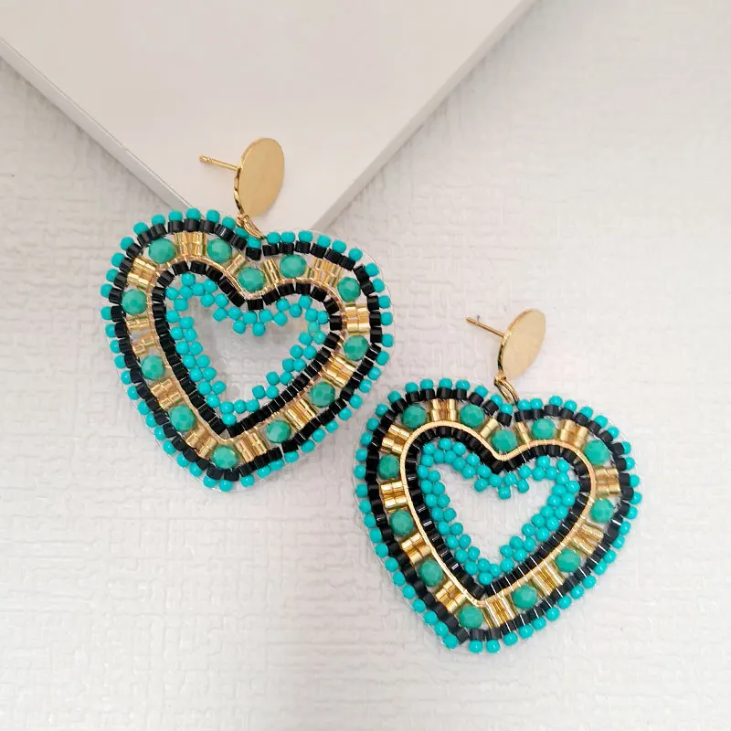 Серьги из бисера Сердце Зеленый Выдалбливают Богемия Оригинальность Кристалл