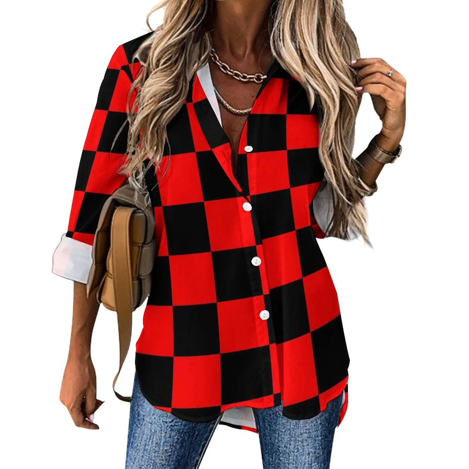 

Geo Print Blouse Women Mod Checkers Korean Fashion Loose Blouses Spring Long-Sleeve Aesthetic Shirt Custom Top Big Size