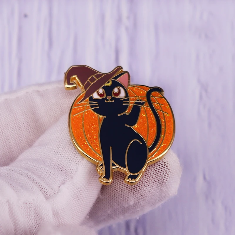 

Happy Halloween Pumpkin Kitten Hard Enamel Lapel Pin Black Cat Witches Hat Wizard Brooches Badges Jewelry Accessory