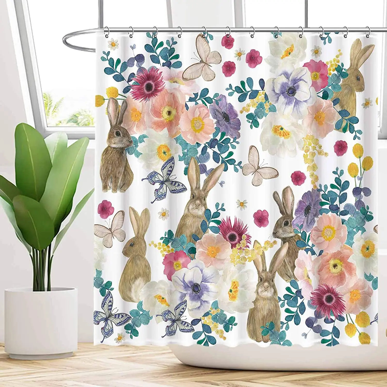 

Весенняя Пасхальная шторка для душа в виде кролика, цветов, крючков, акварельный Цветочный Кролик, Бабочка, декор для ванной комнаты, моющая...