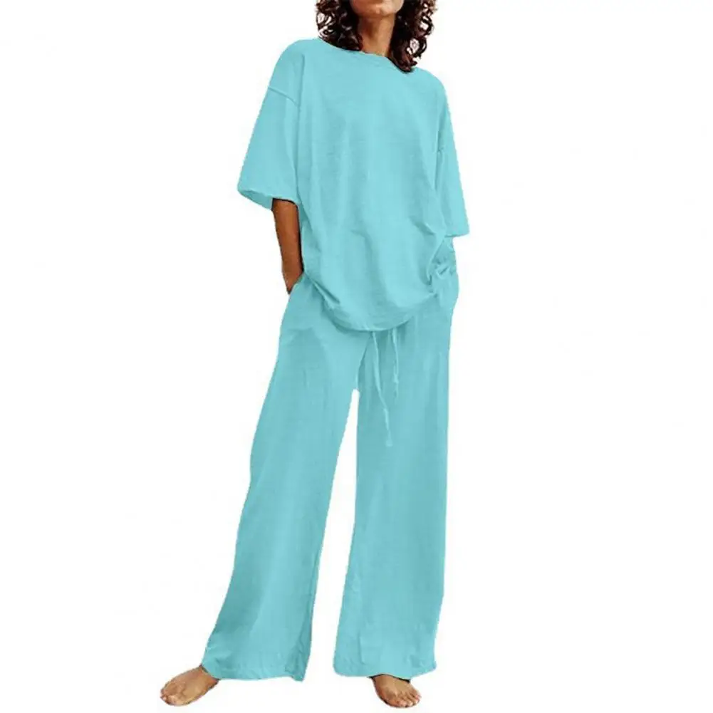 

2 Pcs/Set Stylish Deep Crotch Stretchy Waist Women Pants Set Women T-shirt Pants Set Casual Breathable