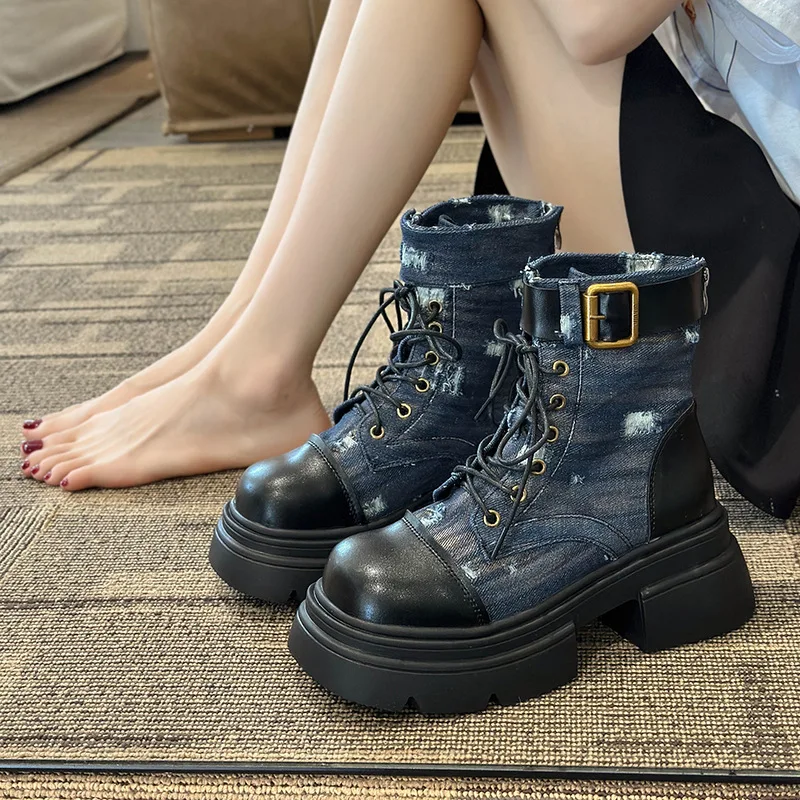 

Boots Women New 2023 Lace Up Round Toe Female Shoes Luxury Designer Summer Lolita Ladies Rubber Rock Ankle Fashion Med Lace-Up R