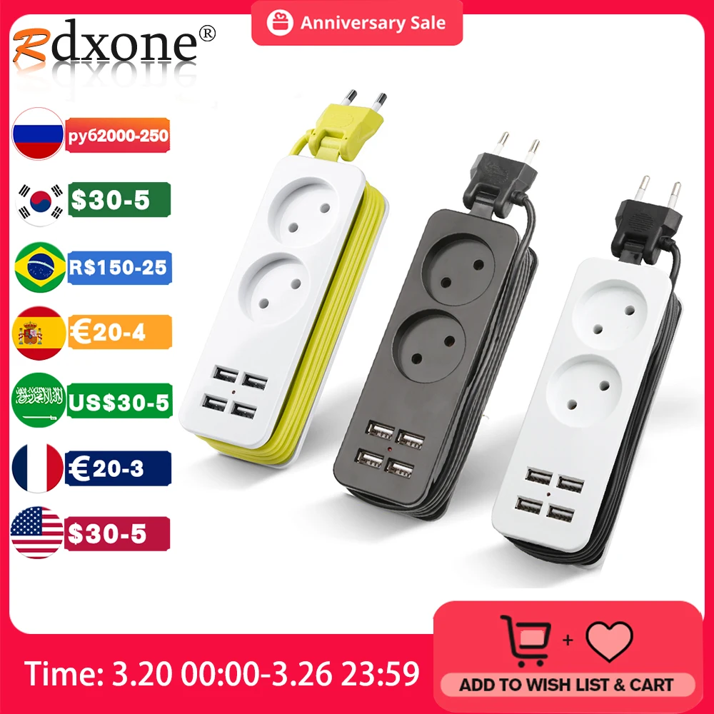 4.0mm/4.8mm EU /KC Plug Power Strip With 4 USB Portable Extension Socket Plug AC Power Travel Adapter USB Smart Phone Charger