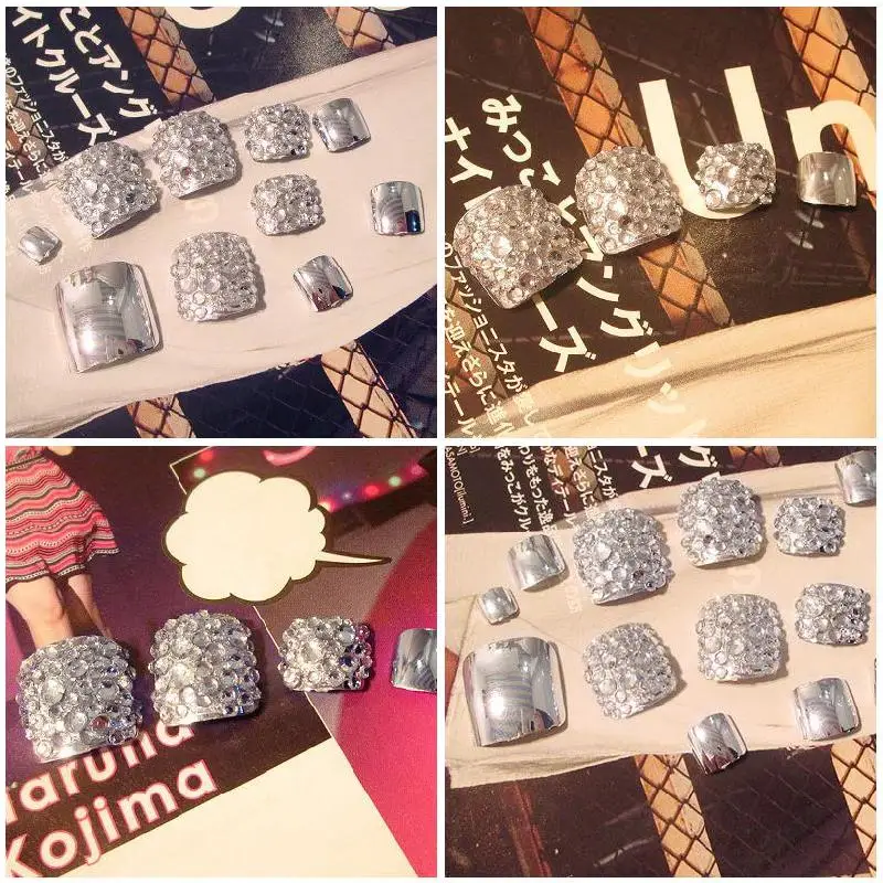 

24 Pcs/Set Fashion Foot False Nail Tips Toe Art Tool Glitter Rhinestone Women Ladies Fake Toes Nails With Glue EF