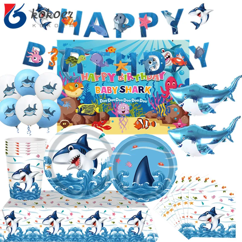 Shark Ocean Theme Party Tableware Happy 1st One Birthday Party Plate Baby Shark Napkin Under The Sea Birthday Party Decor