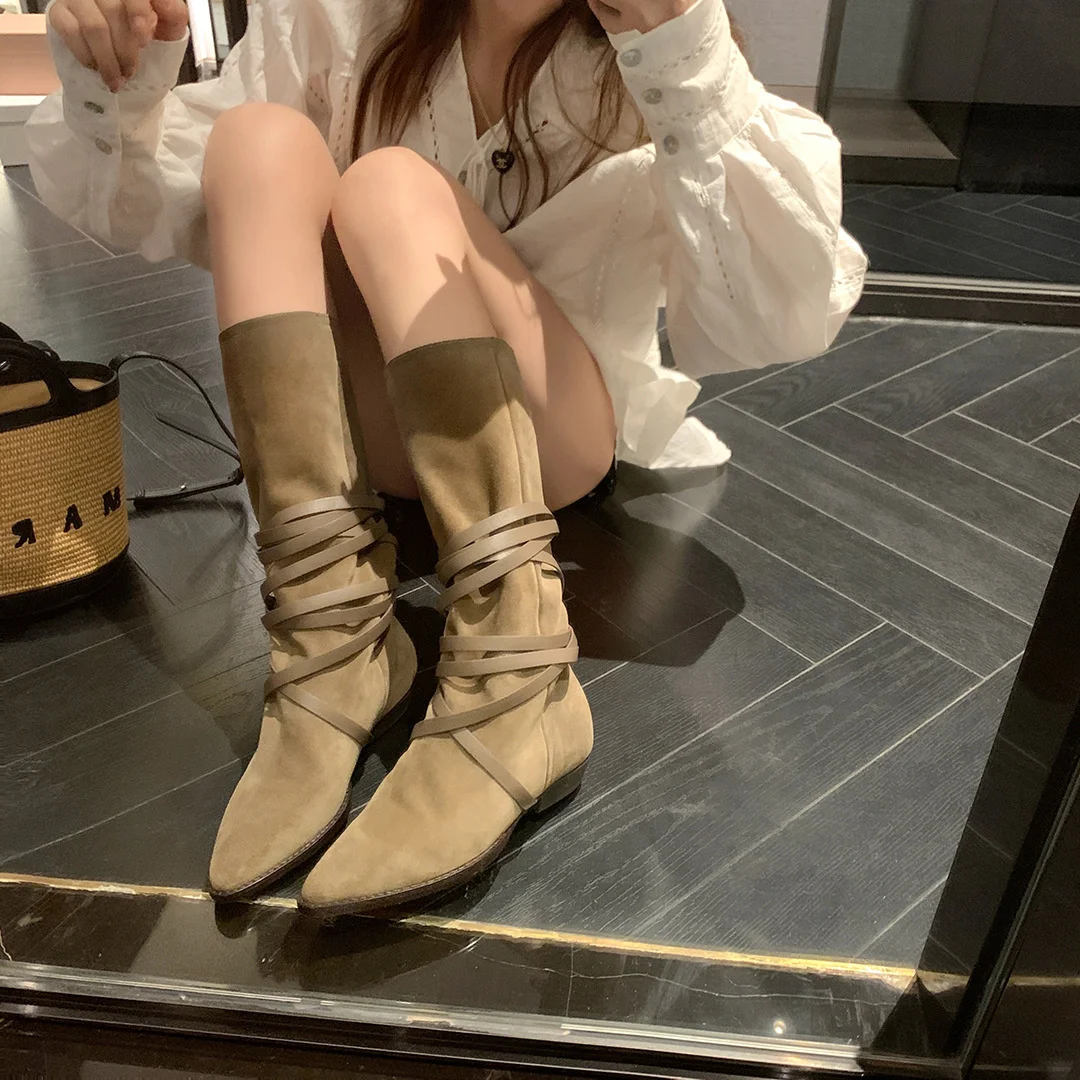 Black Suede Embroidered Knee High Boots Women Pointed Toe Spike Heel Autumn Winter Long Boots Leather Handmade Knee Knight Boots