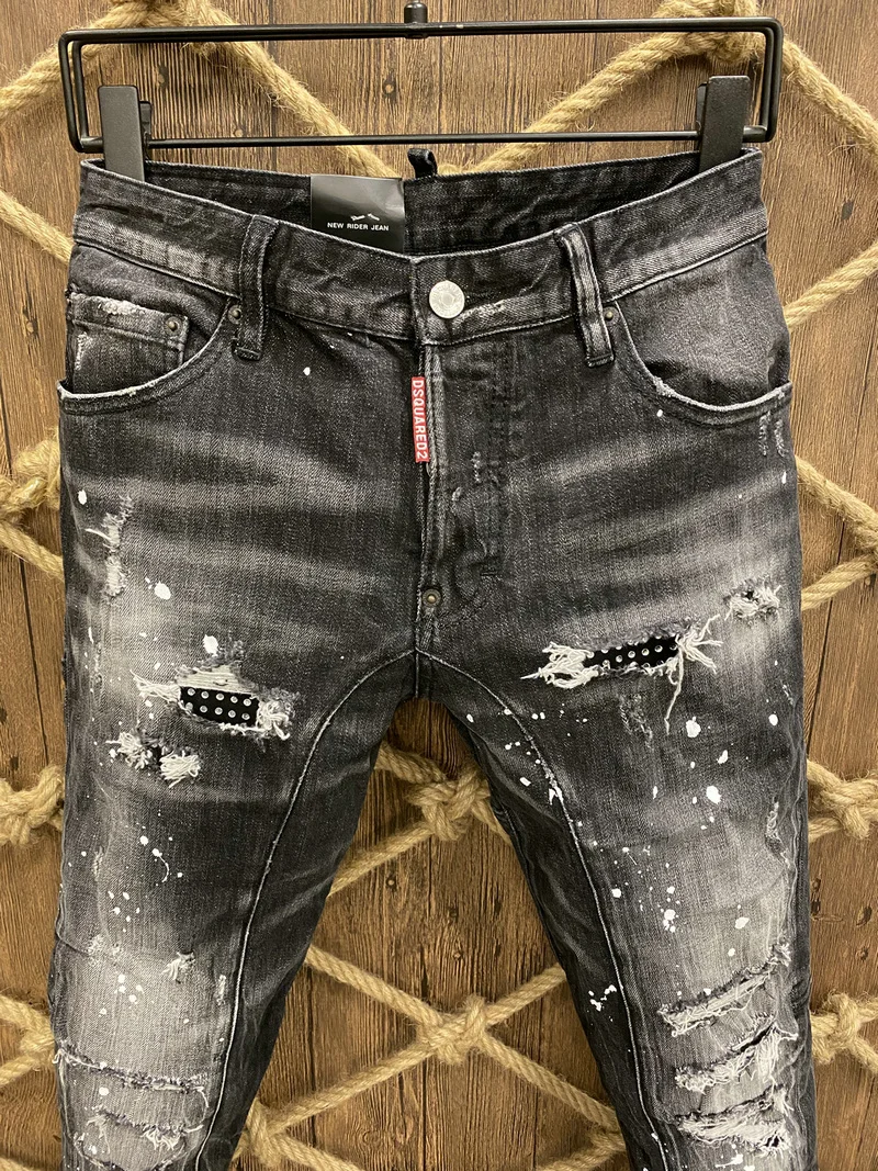 New Men's Dsquared2 Buttons Jeans Ripped For Male Skinny  Pants Men's Denim Trousers Top Quality Slim Jeans A379