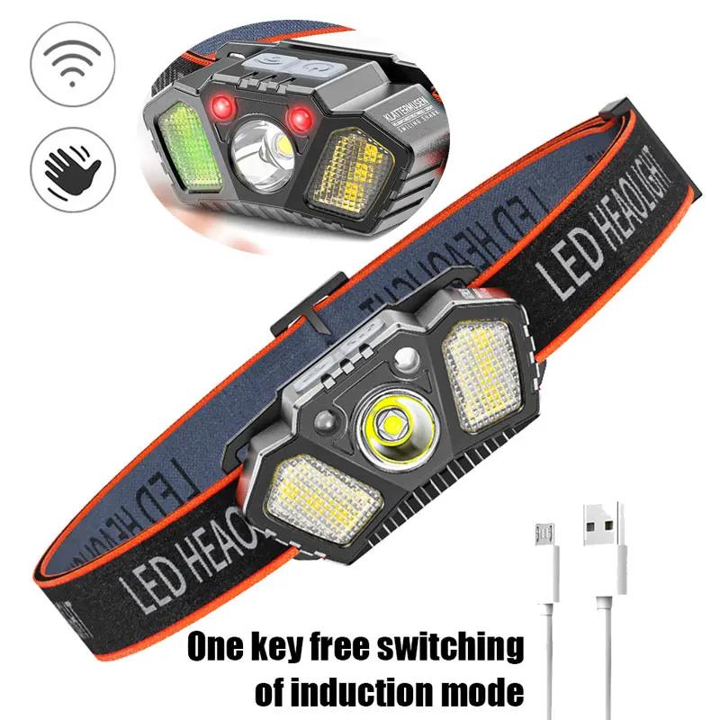 

XPE+LED Head Flashlight Smart Wave Induction USB Emergency Head Lamps Rechargeable Waterproof 90 Degree Free Rotation for Hiking