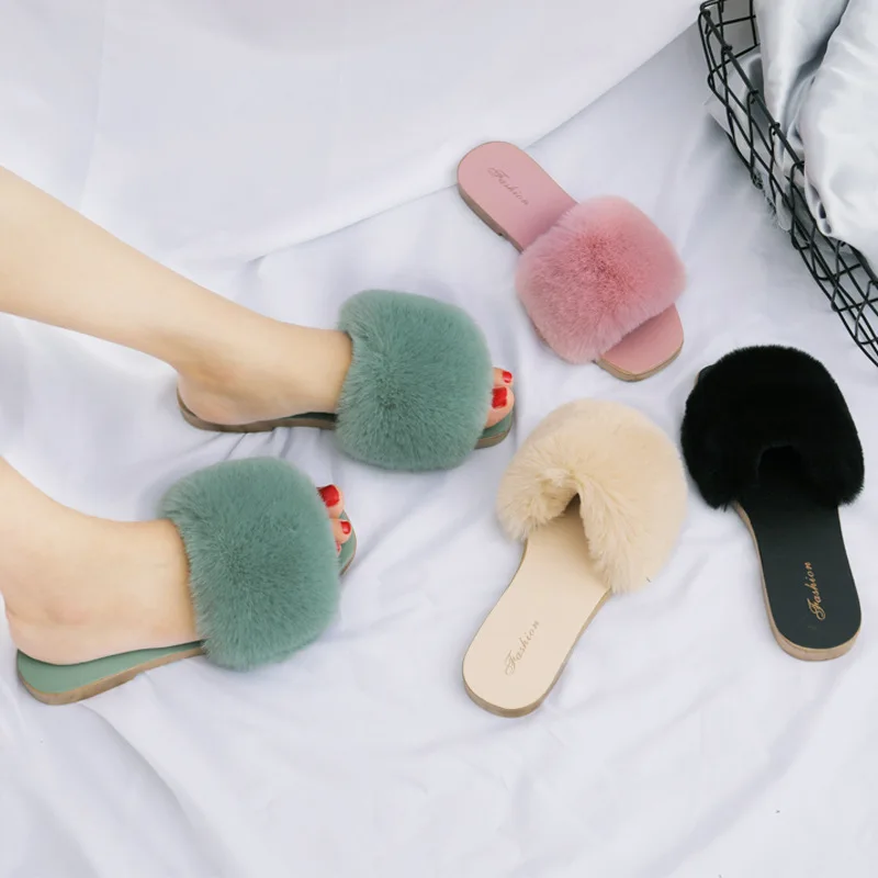 

Slippers Women Summer Shoes Slides Low Fashion Fur Flip Flops Pantofle Soft Luxury Flat Plush 2023 Rome Hoof Heels Fabric Basic
