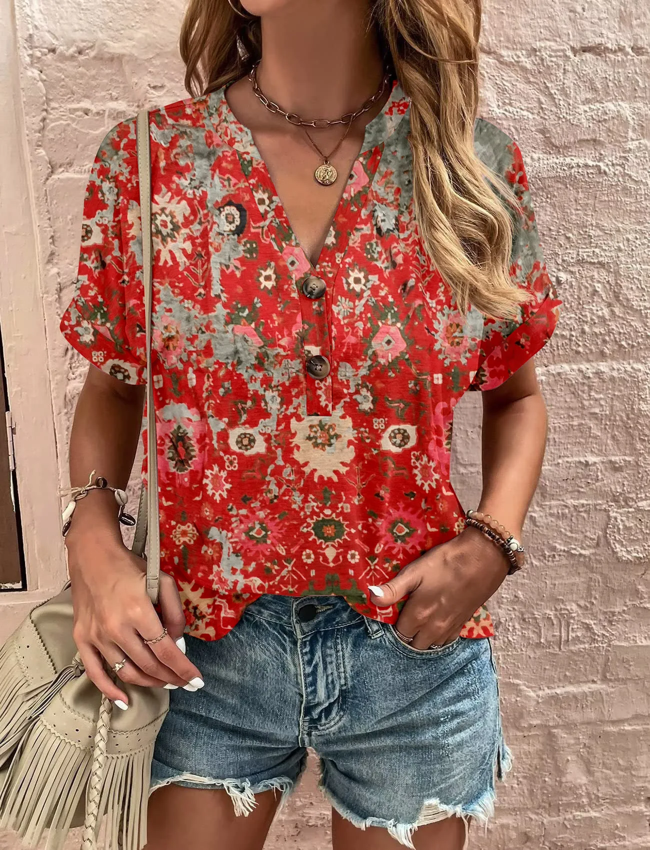 

Новинка весна-лето 2023 женская одежда богемный топ с принтом V-образным вырезом на пуговицах модная женская одежда с коротким рукавом