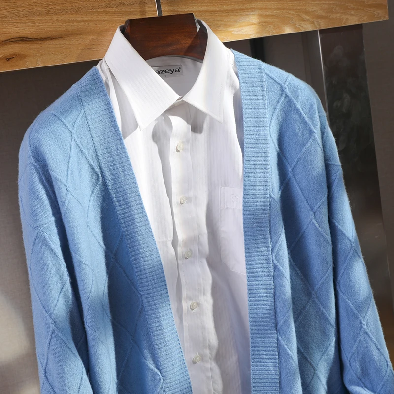 100%  Wool Cardigan Men's V-Neck Knitted Top Coat Autumn and Winter New Loose Cashmere Jacket Fashion Luxury
