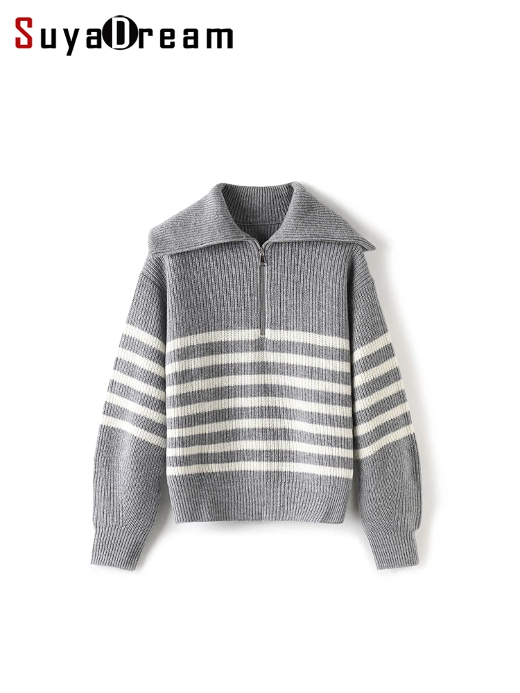 

SuyaDream, Woman Striped Pullovers, 100%Sheep Wool, Polo Neck, Heavy Chic Sweaters, 2023 Fall Winter Warm Top, Grey, White