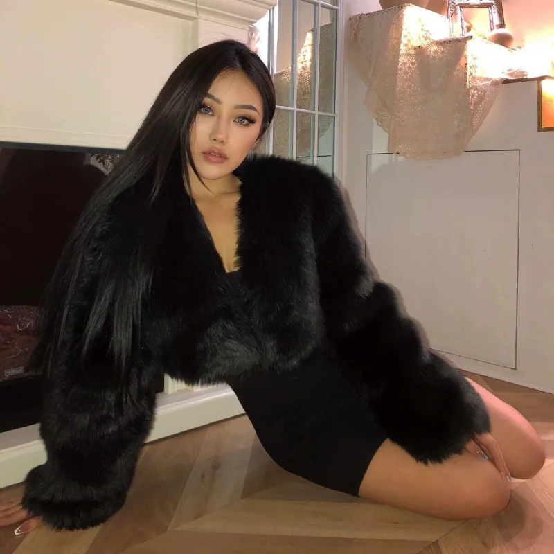 Autumn Winter Faux Fur Coat Women Fashion Solid Cardigan V-neck Short Plush Coat Women's Casual Long Sleeve Thick Warm Fur Coat