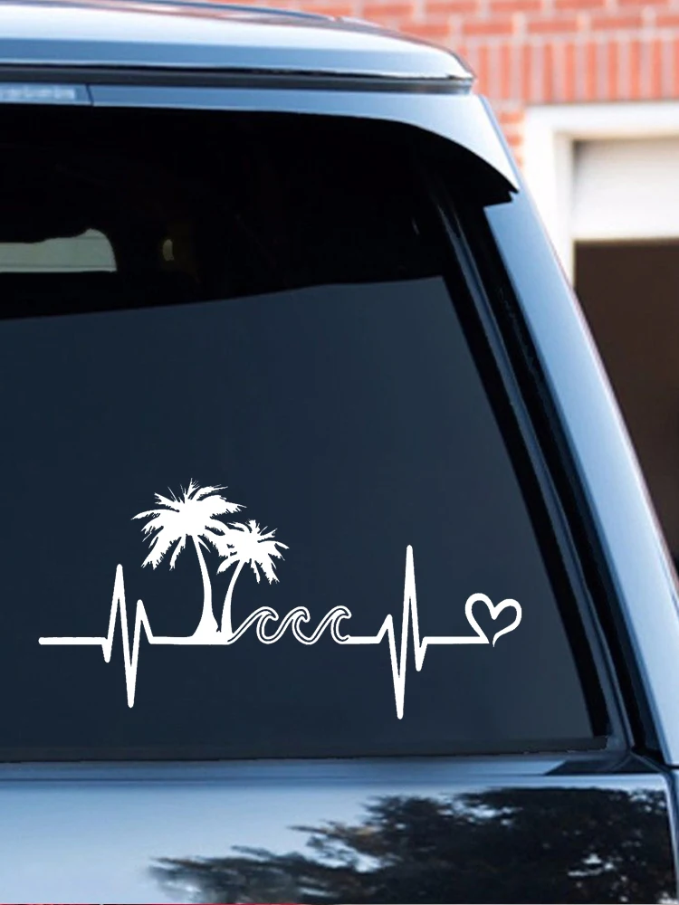 

Jpct interesting heartbeat beach palm tree wave decal for cars, motorcycles, bumpers waterproof Vinyl Sticker 30cmx15cm