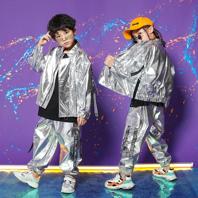 

Детский костюм из куртки и брюк, серебристая кожаная куртка и брюки, уличная одежда для девочек и мальчиков-подростков, модная одежда в стил...