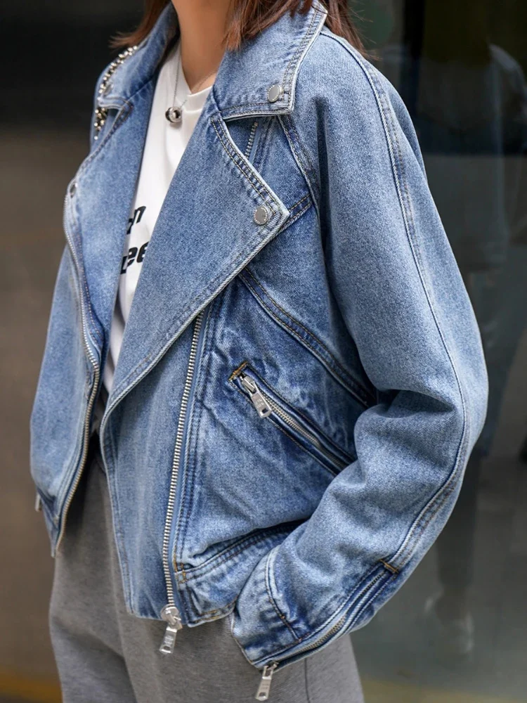 

Fitaylor New Spring Autumn Motorcycle Denim Jacket Women Lapel Zipper Short Cowboy Streetwear Vintage Loose Coat Outwear