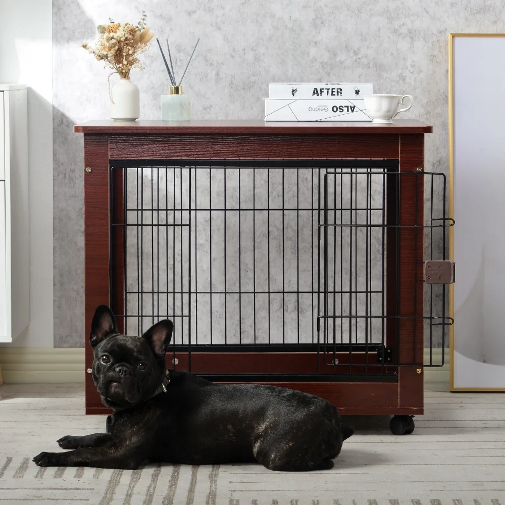 

31' Length Furniture Style Pet Dog Crate Cage End Table with Wooden Structure and Iron Wire and Lockable Caters, Medium Dog Hous