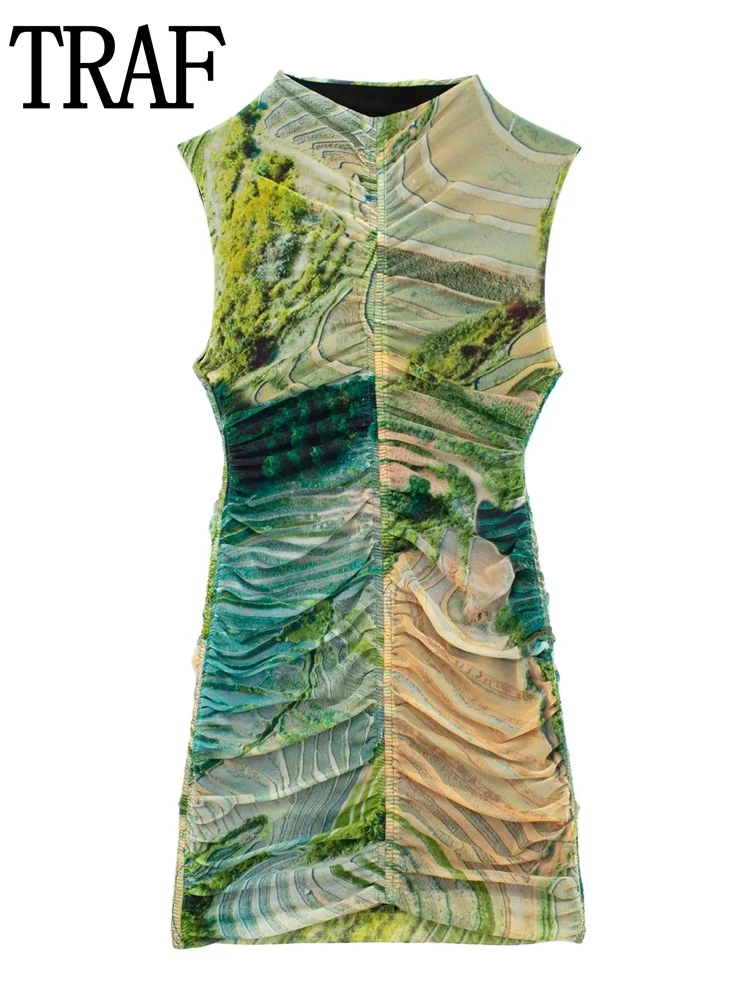 

Короткое платье из тюля с принтом TRAF, женское Сетчатое платье без рукавов, женское летнее Плиссированное облегающее платье, винтажное элегантное женское мини-платье